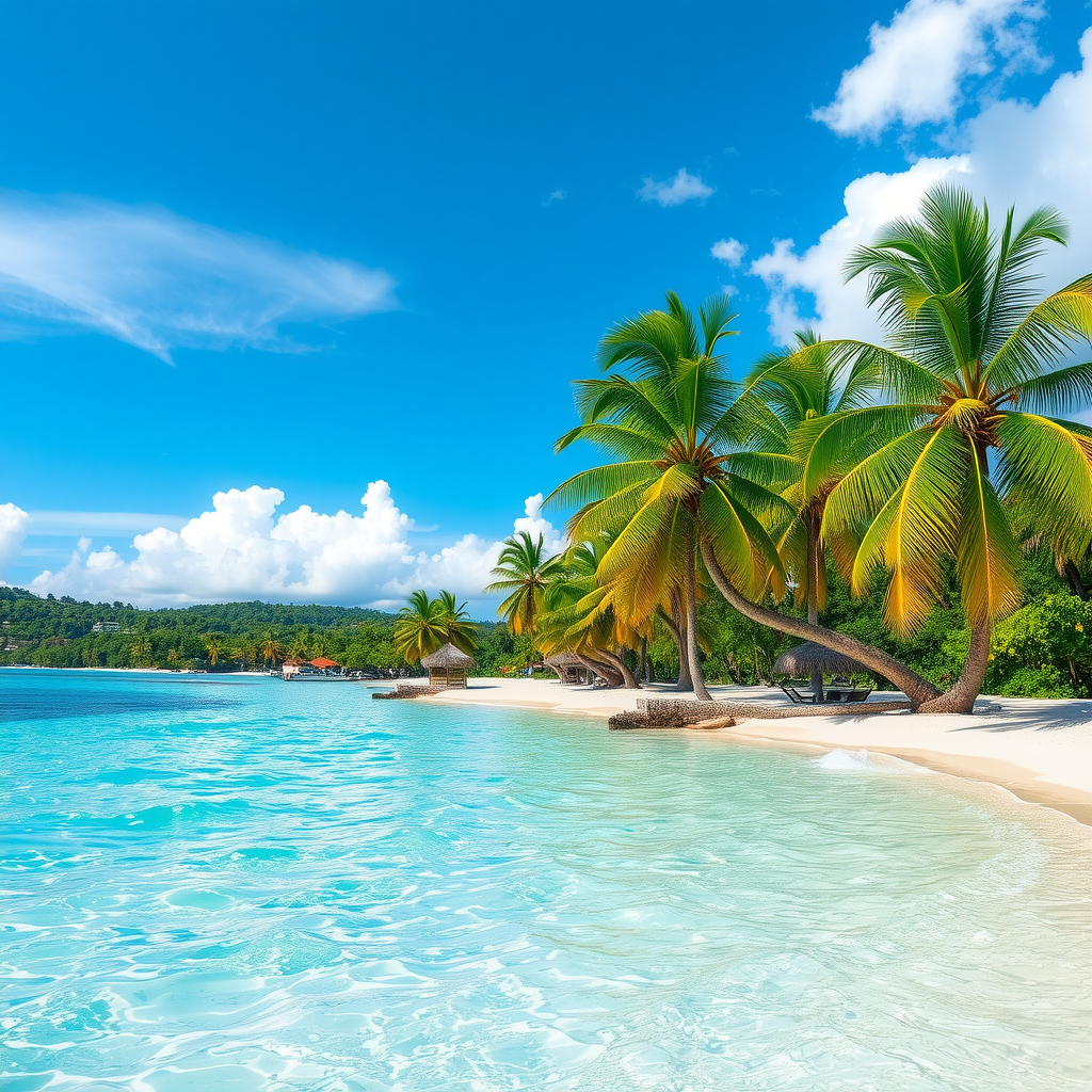 Beautiful tropical beach destination with crystal clear turquoise water, white sand, palm trees swaying in the breeze, and bright blue sky with fluffy white clouds - perfect vacation paradise