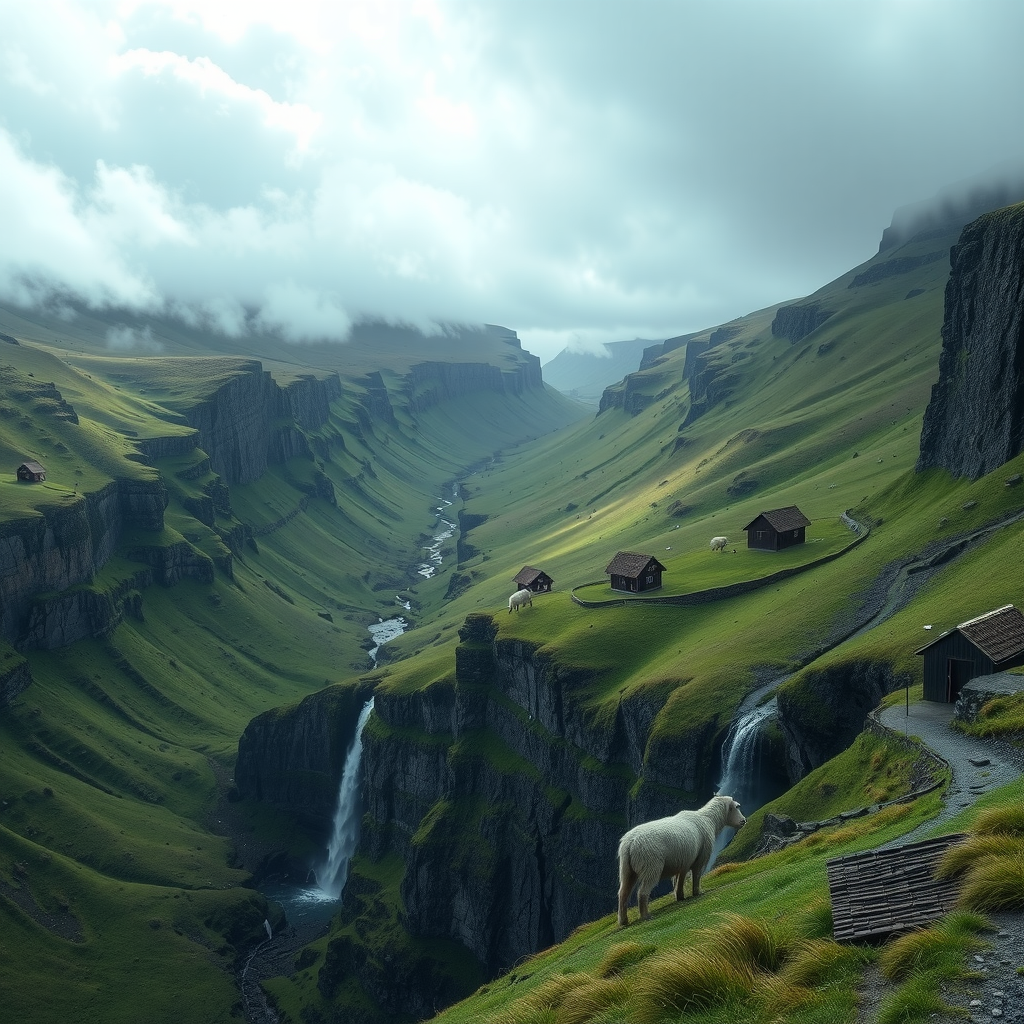 Dramatic cliffs and green valleys of the Faroe Islands with traditional grass-roofed houses, cascading waterfalls, and sheep grazing on steep hillsides under moody Nordic skies