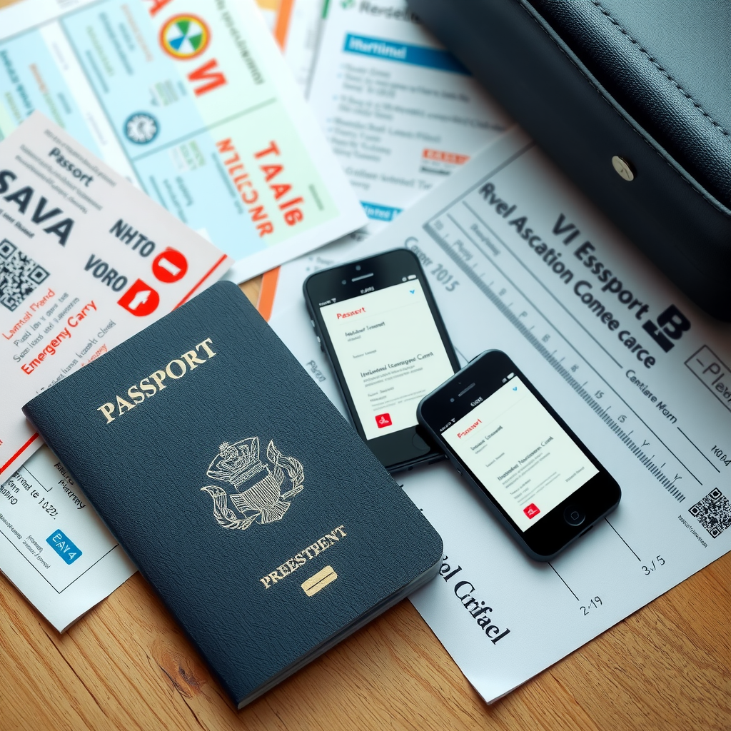 Neatly organized travel documents spread on a desk including passport, visa stamps, travel insurance papers, vaccination certificates, and emergency contact cards with a smartphone showing digital backup copies