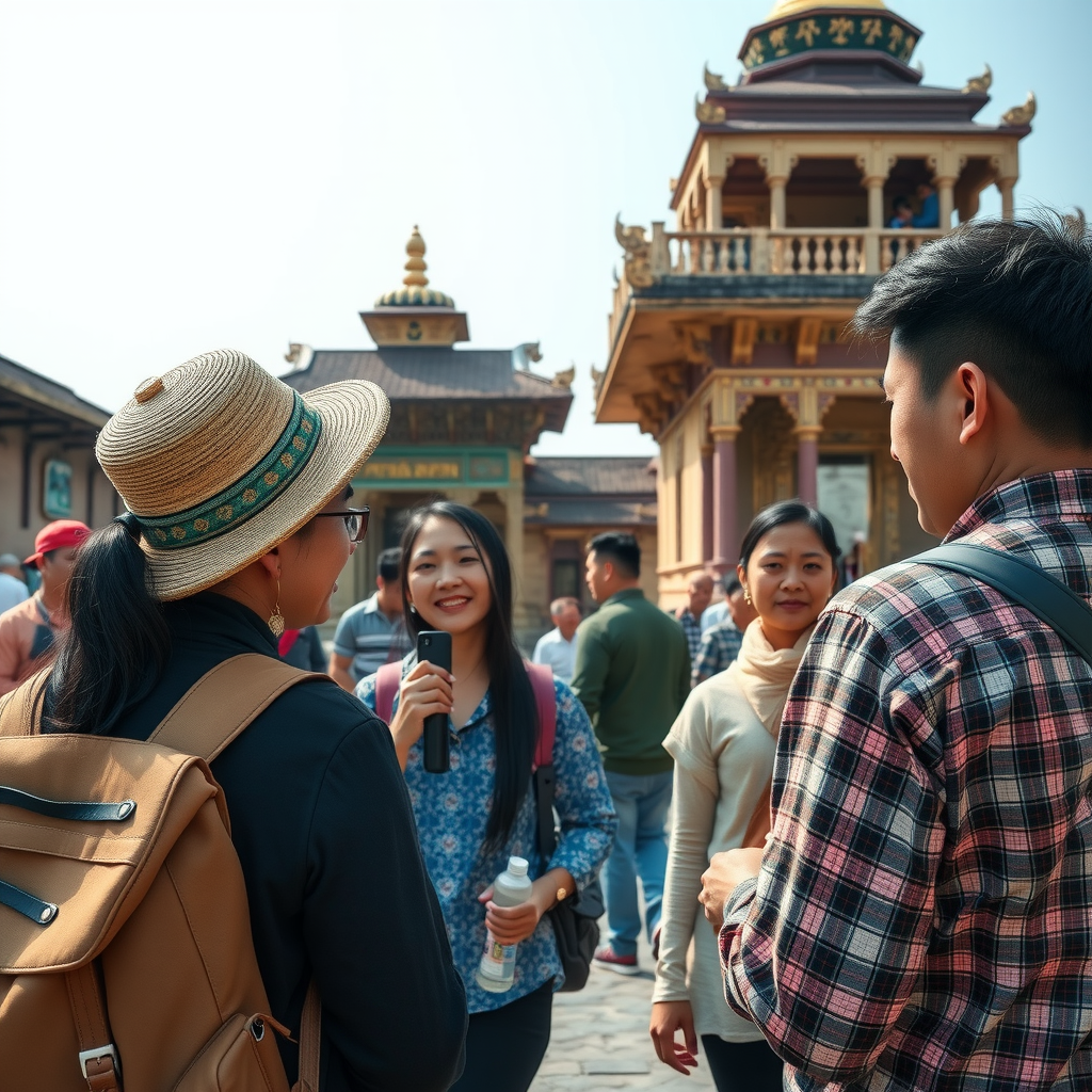 Tourists experiencing authentic cultural immersion at historic temple with knowledgeable local guide explaining traditions and architecture