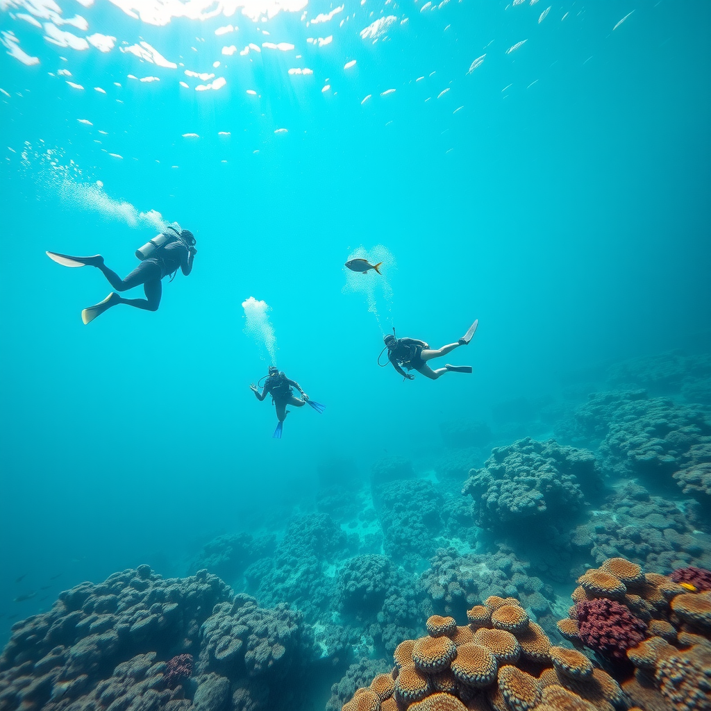 Crystal clear turquoise waters with healthy coral reefs visible below the surface, divers participating in coral restoration project, tropical fish swimming around, demonstrating marine conservation efforts in Southeast Asia