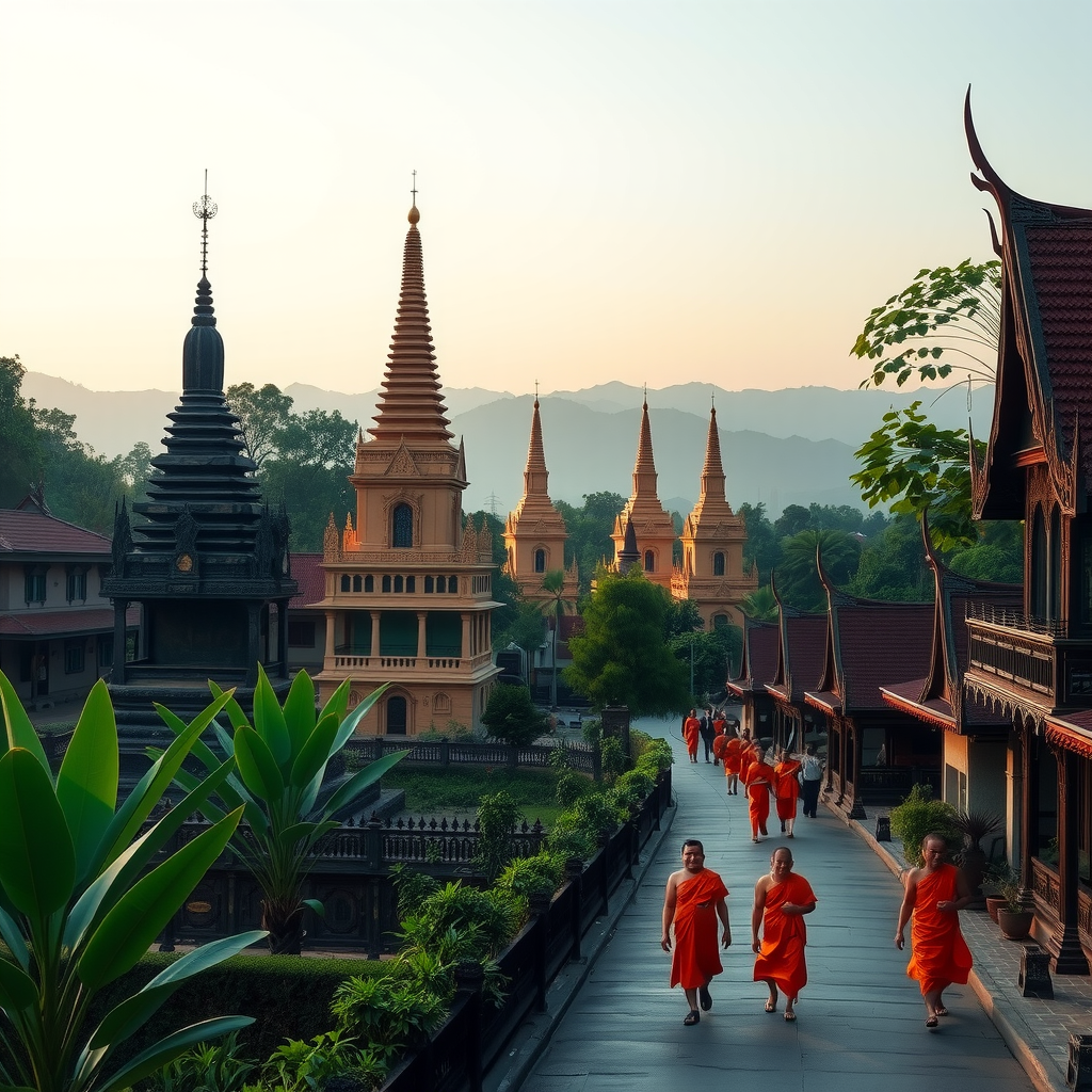 Ancient Buddhist temples with golden spires in Luang Prabang, surrounded by lush tropical vegetation, with monks in orange robes walking along traditional streets at sunrise