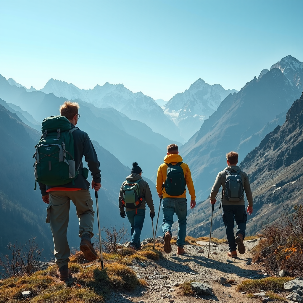 Adventurous travelers hiking through stunning mountain landscape with backpacks and trekking gear enjoying outdoor adventure activities