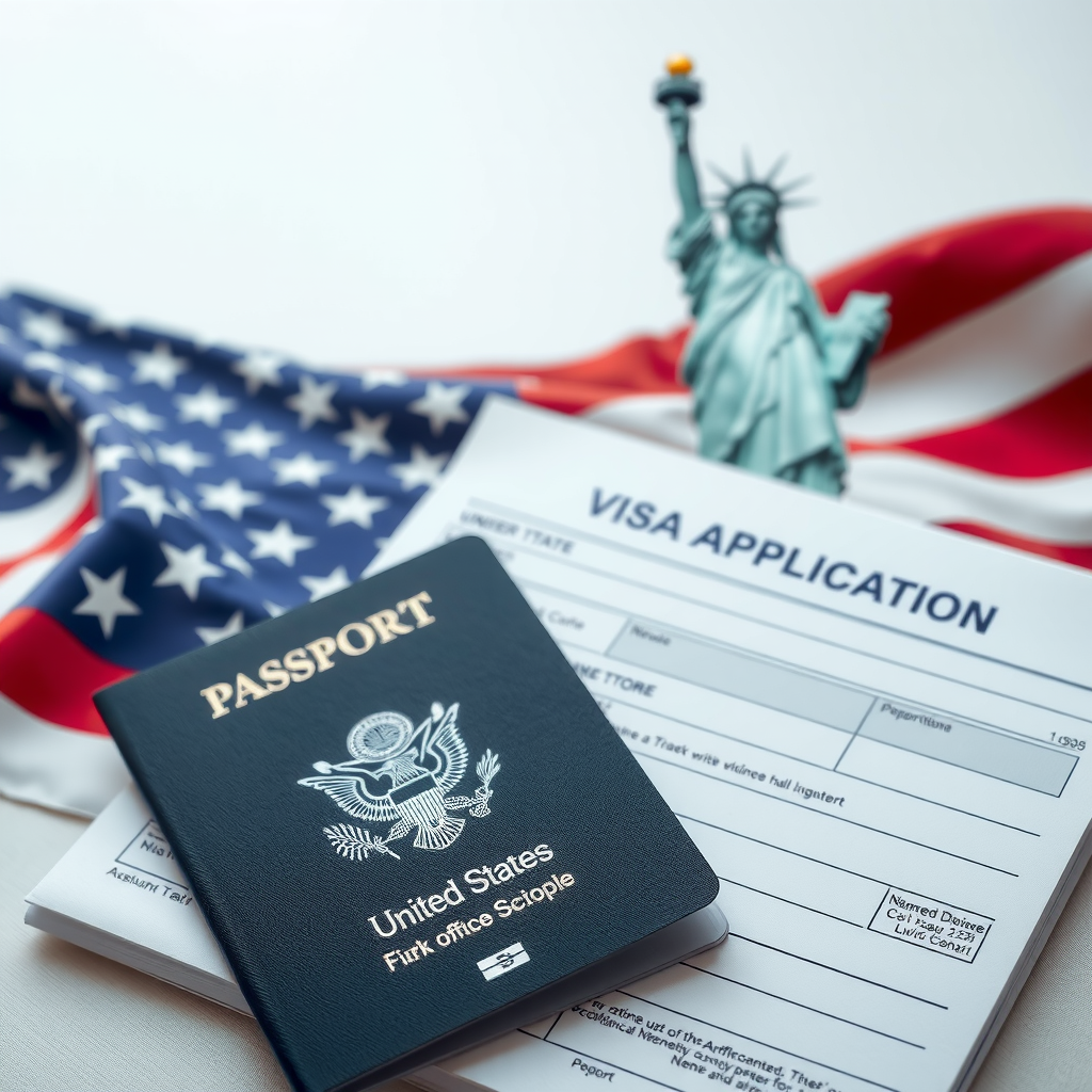 United States visa application documents and passport with American flag and Statue of Liberty in background, representing USA travel documentation requirements
