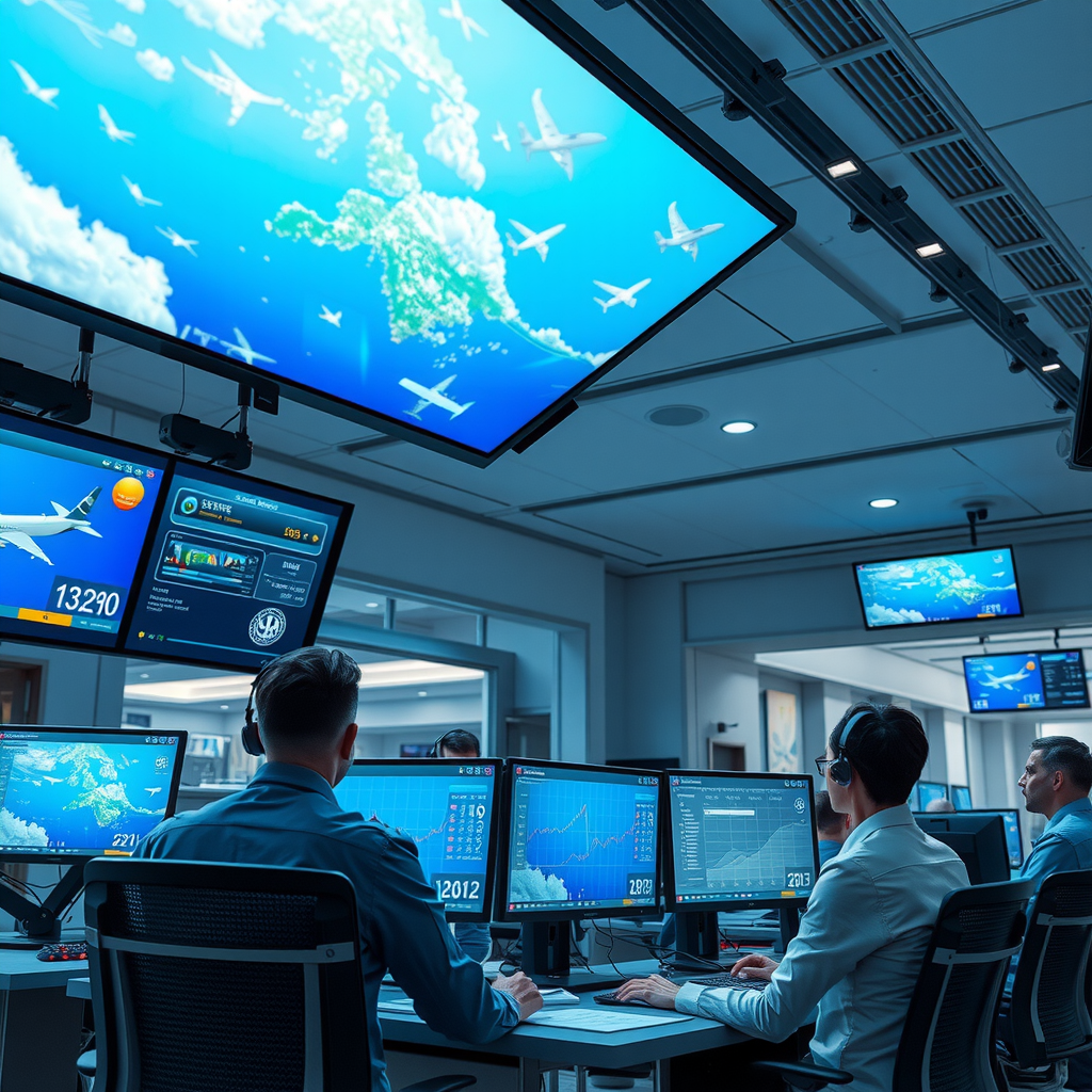 Modern travel support center with advanced technology, multiple screens showing real-time flight tracking, weather monitoring systems, and communication platforms, professional staff coordinating assistance