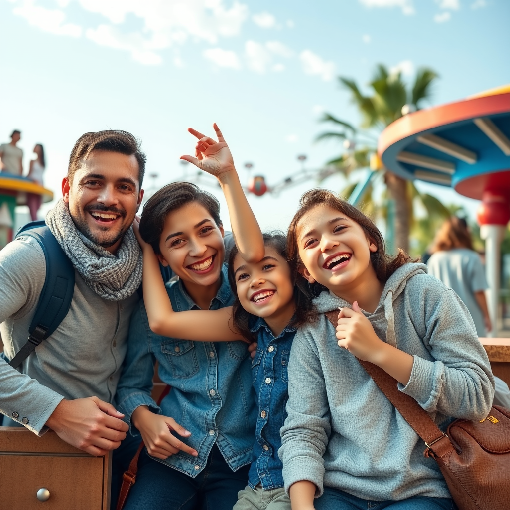 Happy family vacations with parents and children having fun at theme park, creating memorable moments together during holiday destinations visit