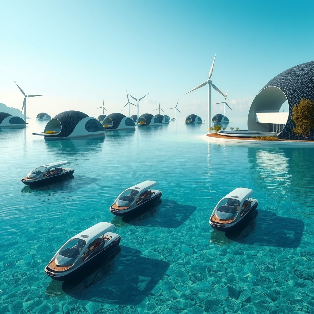 Futuristic sustainable tourism concept showing electric boats on pristine waters, wind turbines in distance, modern eco-architecture blending with nature, representing the future of responsible travel in Southeast Asia