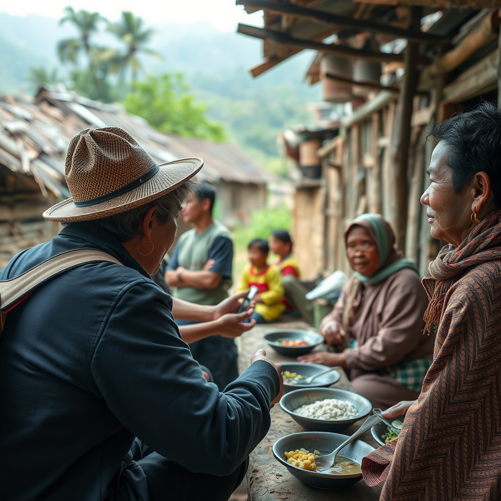 Traveler engaging with local community members in a traditional village setting, sharing meals and learning about cultural traditions in an intimate, authentic environment