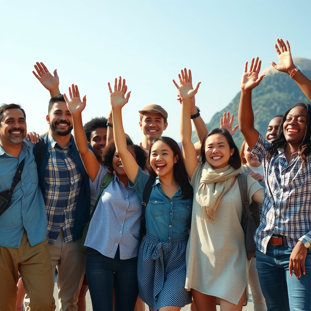 Happy diverse group of travelers celebrating together at destination with raised hands and smiles